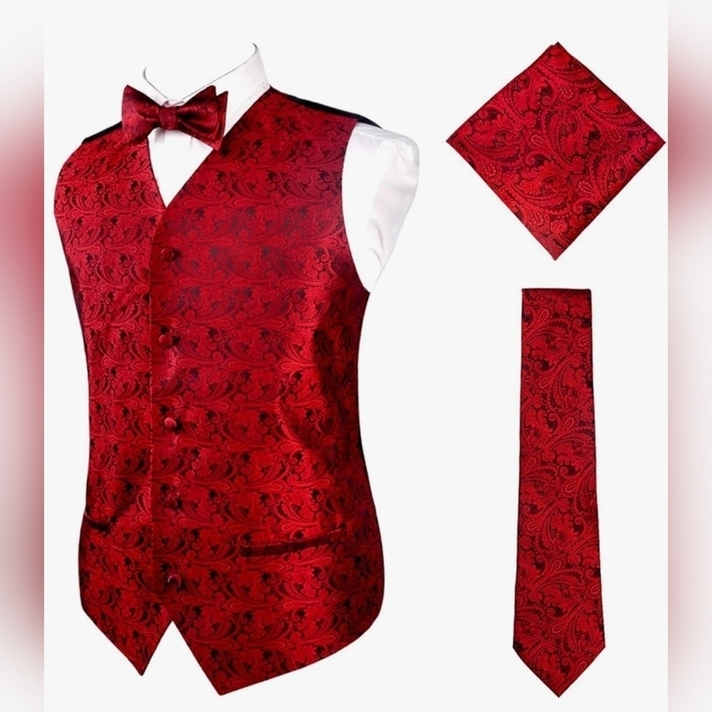 Mens Classic 4pc Paisley Jacquard Waistcoat Suit Vest Set